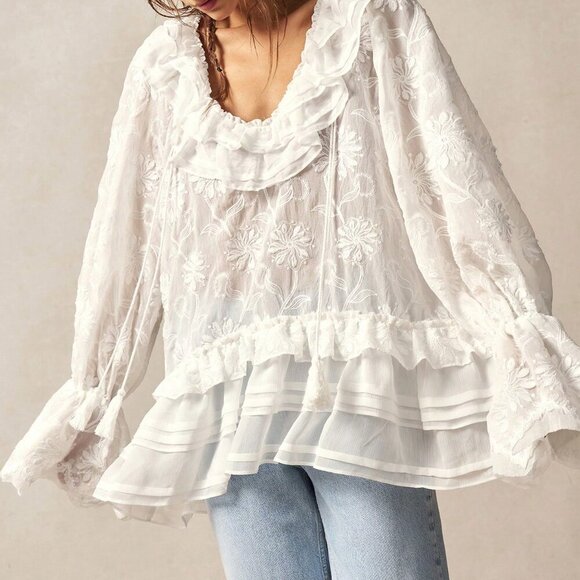 White Boho Women's Blouse - Picture 3 of 7